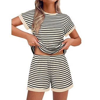 Ekouaer 2 pc Sets for Women Summer Outfits Cute Stripe Knit T Shirts Shorts Matching Lounge Set