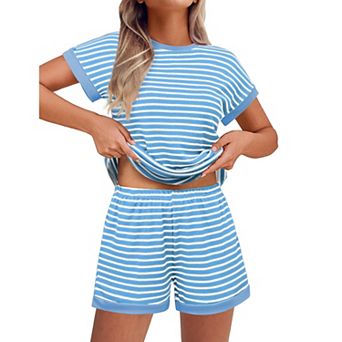 Ekouaer 2 pc Sets for Women Summer Outfits Cute Stripe Knit T Shirts Shorts Matching Lounge Set