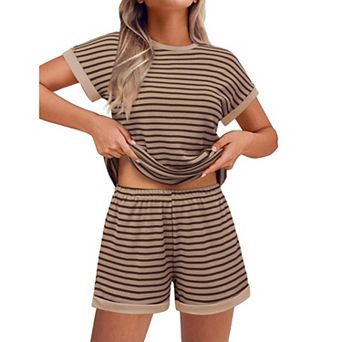Ekouaer 2 pc Sets for Women Summer Outfits Cute Stripe Knit T Shirts Shorts Matching Lounge Set