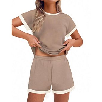 Ekouaer 2 pc Sets for Women Summer Outfits Cute Stripe Knit T Shirts Shorts Matching Lounge Set