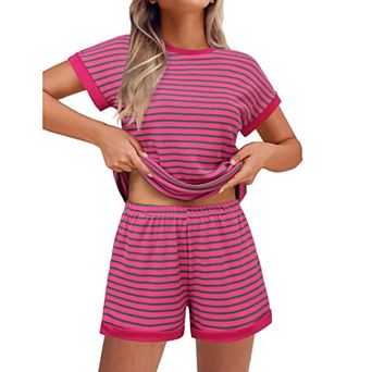 Ekouaer 2 pc Sets for Women Summer Outfits Cute Stripe Knit T Shirts Shorts Matching Lounge Set
