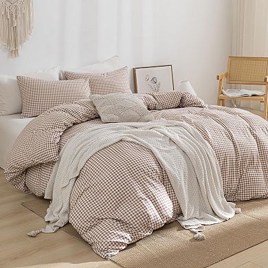 Prewashed Microfiber Plaid King Duvet Cover Set