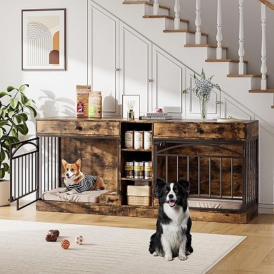 78.7" Double Dog Crate Furniture with Storage and 2 Doors for Small Medium Dogs