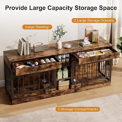 78.7" Double Dog Crate Furniture with Storage and 2 Doors for Small Medium Dogs