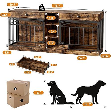 78.7" Double Dog Crate Furniture with Storage and 2 Doors for Small Medium Dogs