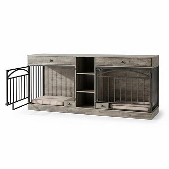 78.7" Double Dog Crate Furniture with Storage and 2 Doors for Small Medium Dogs