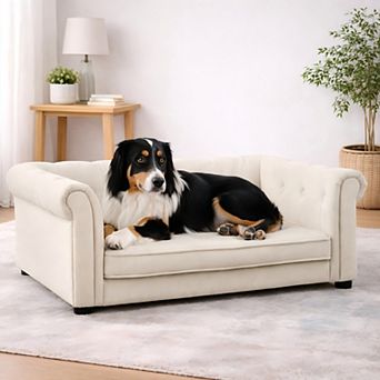 Heybly Elevated Dog Sofa Bed with Foam Cushion and Linen Fabric, Durable Pet Couch,Pet Bed Furniture