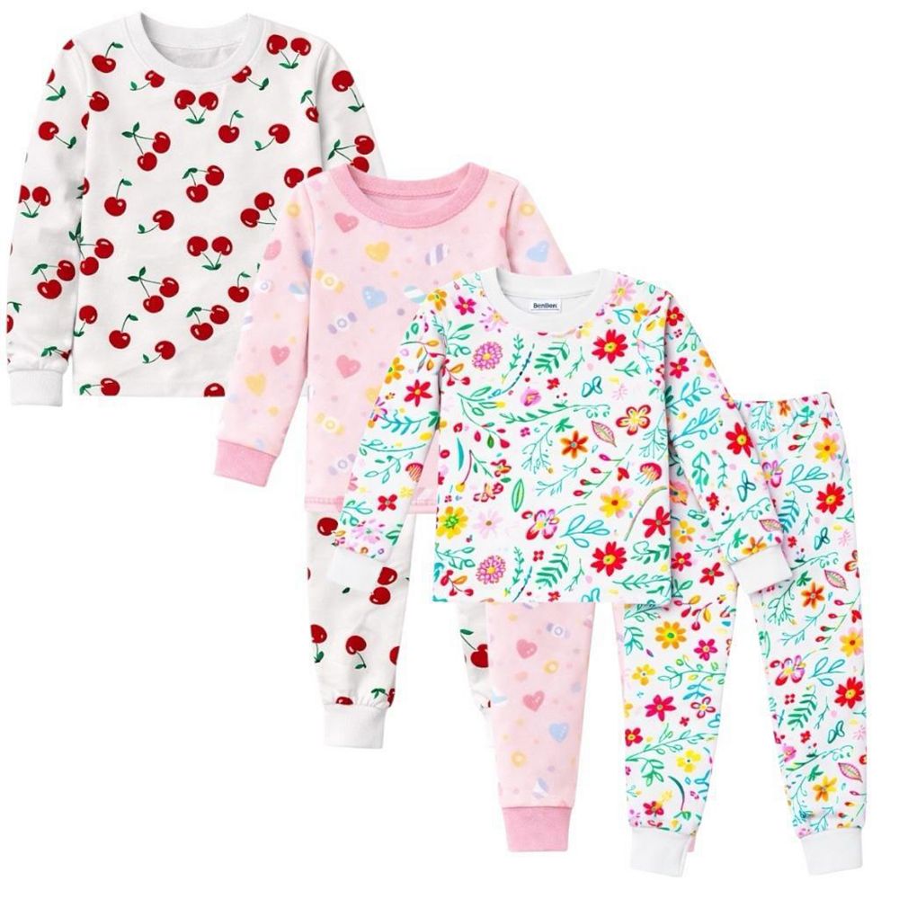 Girls 3-Pack Pajamas Cherries Flowers Candy Snug Fit Long Sleeve PJs