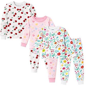 Girls 3-Pack Pajamas Cherries Flowers Candy Snug Fit Long Sleeve PJs