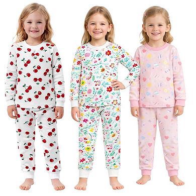 Girls 3-Pack Pajamas Cherries Flowers Candy Snug Fit Long Sleeve PJs