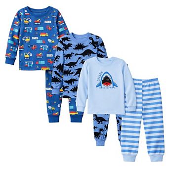 Kids Boys 3-Pack Pajamas Dark Dino Sharks Cars Snug Fit Short Sleeve PJs