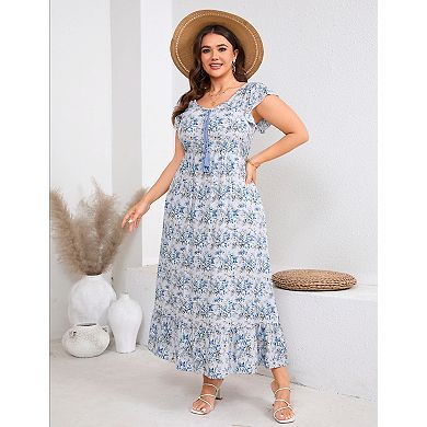 Plus Size Women's Maxi Dresses Boho Floral Print Flowy Long Dress with Pockets