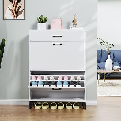 Entryway Shoe Cabinet with 2 Flip Drawers, Freestanding Hidden Shoe Rack, for Hallway Closet