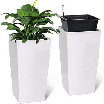 Set of 2 White 30" Rectangular Planters with Drainage, Wheels, Inner Bucket & Water Monitor