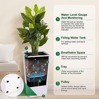 Set of 2 White 30" Rectangular Planters with Drainage, Wheels, Inner Bucket & Water Monitor