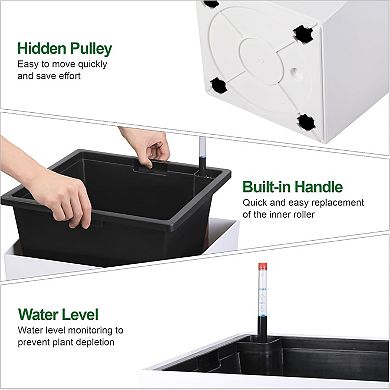 Set of 2 White 30" Rectangular Planters with Drainage, Wheels, Inner Bucket & Water Monitor