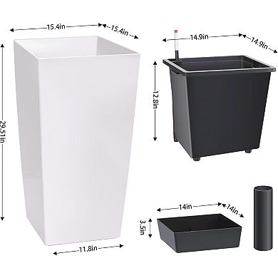 Set of 2 White 30" Rectangular Planters with Drainage, Wheels, Inner Bucket & Water Monitor