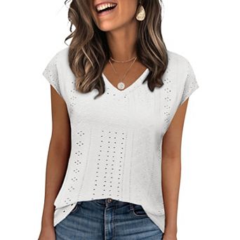 Zeagoo Women's Eyelet V Neck Cap Sleeve Tank Tops Casual Loose Fit Summer Flowy Shirts