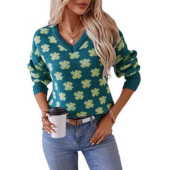 Women's V Neck Knit Sweaters Long Sleeve Lightweight Pullover Printed Casual Fashion Tops