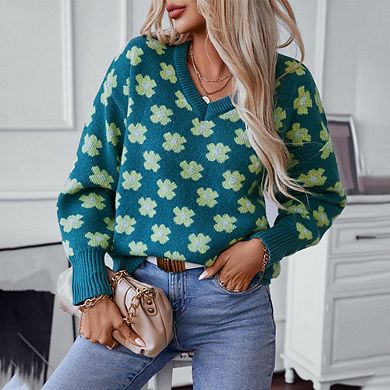 Women's V Neck Knit Sweaters Long Sleeve Lightweight Pullover Printed Casual Fashion Tops