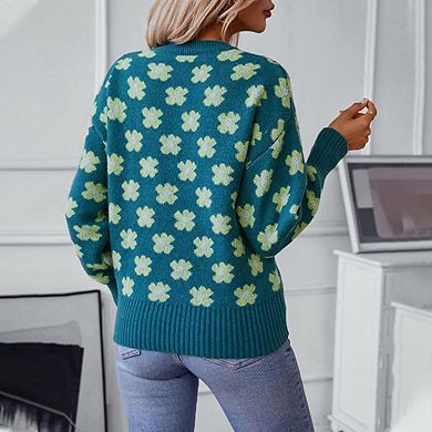 Women's V Neck Knit Sweaters Long Sleeve Lightweight Pullover Printed Casual Fashion Tops