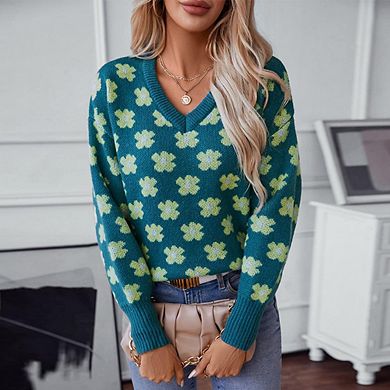 Women's V Neck Knit Sweaters Long Sleeve Lightweight Pullover Printed Casual Fashion Tops