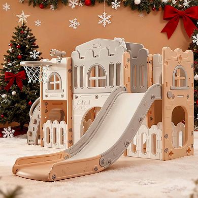 8-In-1 Indoor Playground With Slide:Slide Playset, Includes Slide, Basketball Hoop, Climber