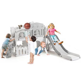 8-In-1 Indoor Playground With Slide:Slide Playset, Includes Slide, Basketball Hoop, Climber