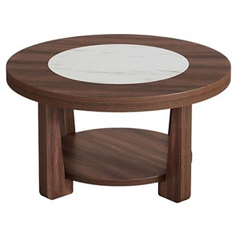Round Coffee Table with Double-Layer Storage Shelf for Living Room or Lounge