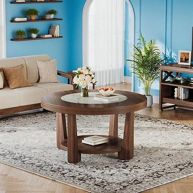 Round Coffee Table with Double-Layer Storage Shelf for Living Room or Lounge