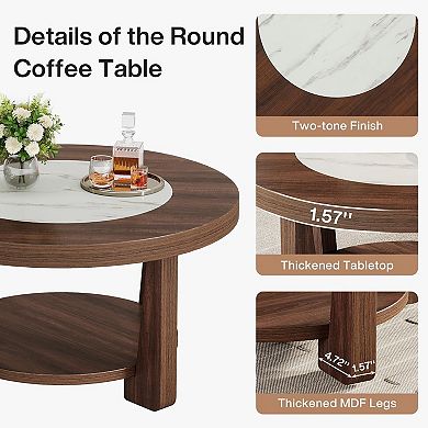 Round Coffee Table with Double-Layer Storage Shelf for Living Room or Lounge
