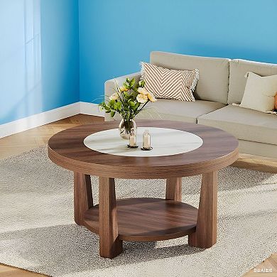 Round Coffee Table with Double-Layer Storage Shelf for Living Room or Lounge