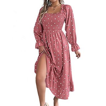 Women's Square Neck Polka Dot Maxi Dress Smocked Bodice Ruffle Hem A Line Flowy Dresses