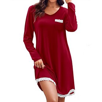 Ekouaer Women's Sleepshirt V Neck Nightgown Long Sleeve Nightshirt Oversized Sleepwear with Porket