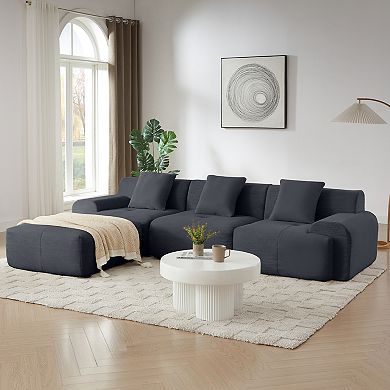 KWPZQEB Modern Corduroy L-Shaped Modular Sectional Sofa with Movable Ottoman for Living Room