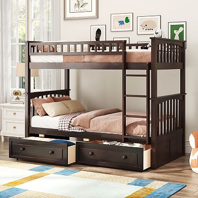 KWPZQEB Modern Pine Twin over Twin Bunk Bed with 2 Drawers & Guardrails, Convertible Bed