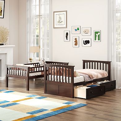 KWPZQEB Modern Pine Twin over Twin Bunk Bed with 2 Drawers & Guardrails, Convertible Bed