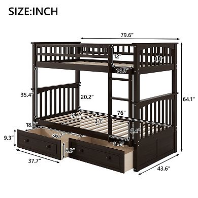 KWPZQEB Modern Pine Twin over Twin Bunk Bed with 2 Drawers & Guardrails, Convertible Bed