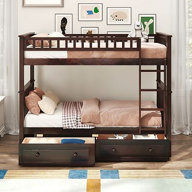 KWPZQEB Modern Pine Twin over Twin Bunk Bed with 2 Drawers & Guardrails, Convertible Bed