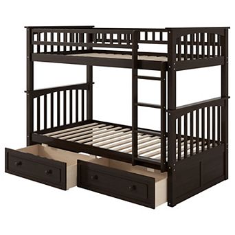 KWPZQEB Modern Pine Twin over Twin Bunk Bed with 2 Drawers & Guardrails, Convertible Bed