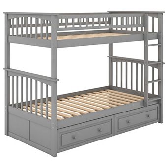 KWPZQEB Modern Pine Twin over Twin Bunk Bed with 2 Drawers & Guardrails, Convertible Bed