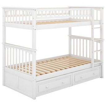 KWPZQEB Modern Pine Twin over Twin Bunk Bed with 2 Drawers & Guardrails, Convertible Bed