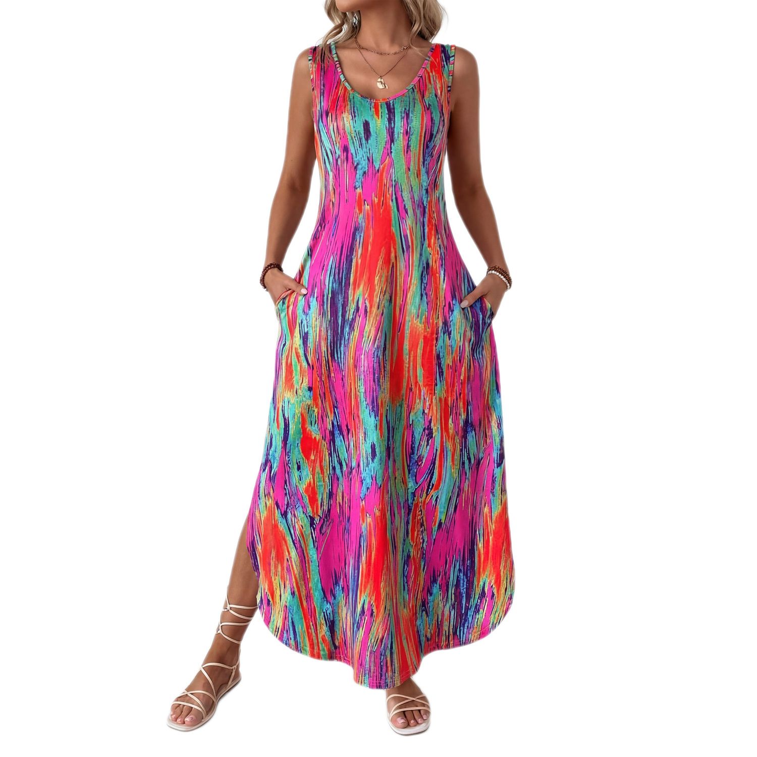 Женские платья Women Casual Sleeveless Split Maxi Dress Loose Printed Beach Sundress