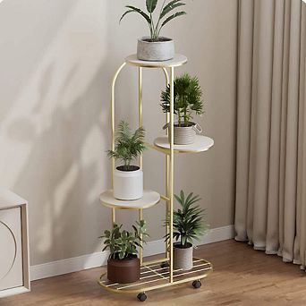 Metal Multiple Flower Pot Holder w/Wheels-Suitable Indoor/Outdoor Use, Patio, Garden Corner