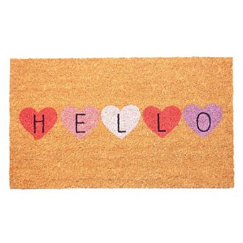 HomeRoots 17" X 29" Brown Pink Purple Hearts Hello Outdoor Coir Door Mat