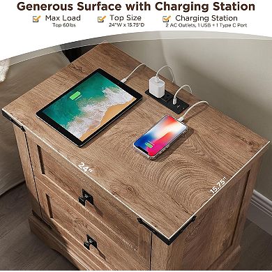 Farmhouse Night stand with Charging Station, 2 Drawer Bedroom End Table, Rustic Wood Nightstand