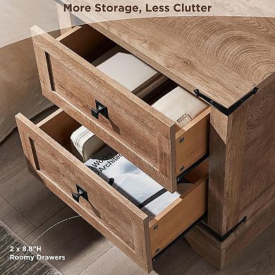 Farmhouse Night stand with Charging Station, 2 Drawer Bedroom End Table, Rustic Wood Nightstand