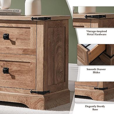 Farmhouse Night stand with Charging Station, 2 Drawer Bedroom End Table, Rustic Wood Nightstand