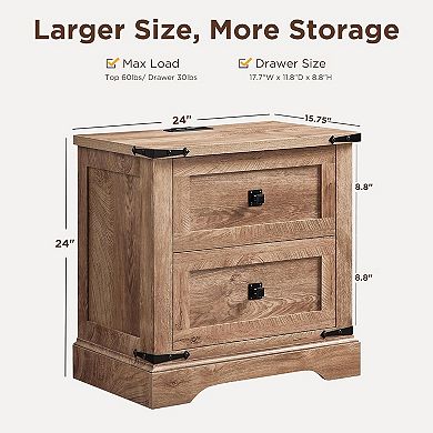 Farmhouse Night stand with Charging Station, 2 Drawer Bedroom End Table, Rustic Wood Nightstand