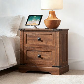 Farmhouse Night stand with Charging Station, 2 Drawer Bedroom End Table, Rustic Wood Nightstand